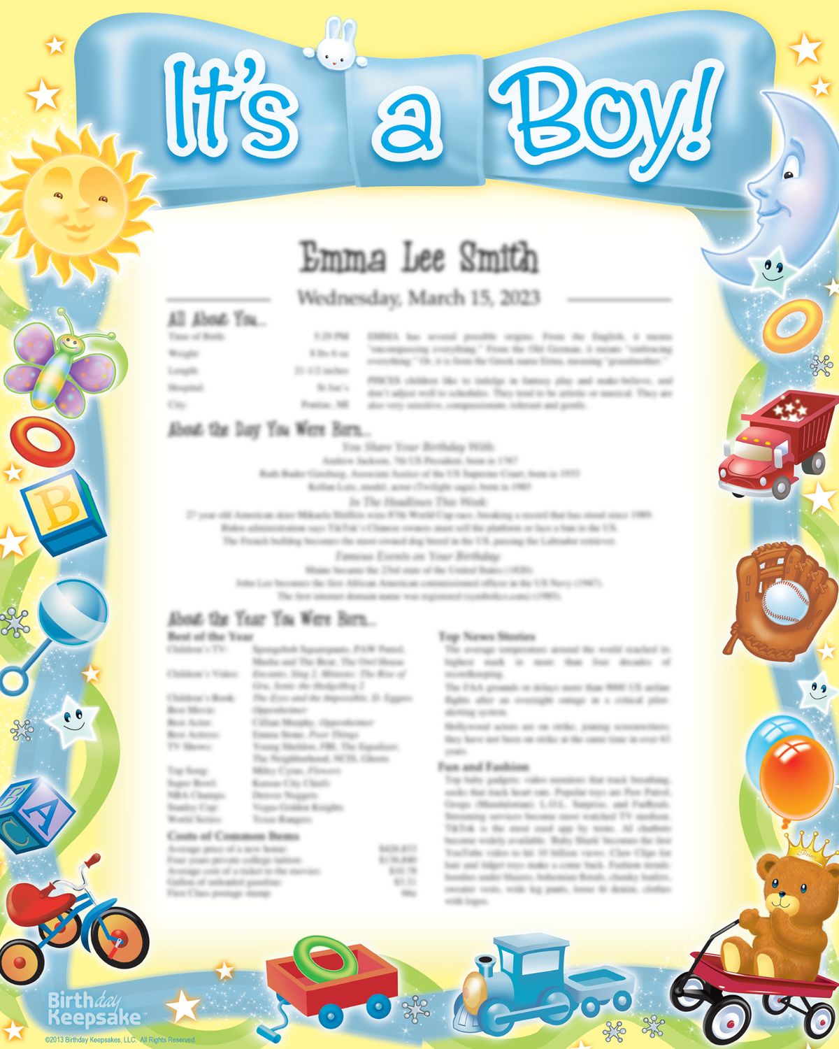8X10 Birthday Keepsake Print