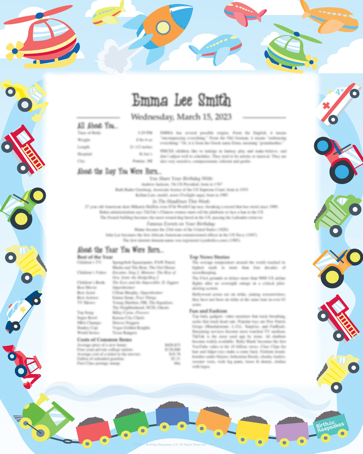 8X10 Birthday Keepsake Print